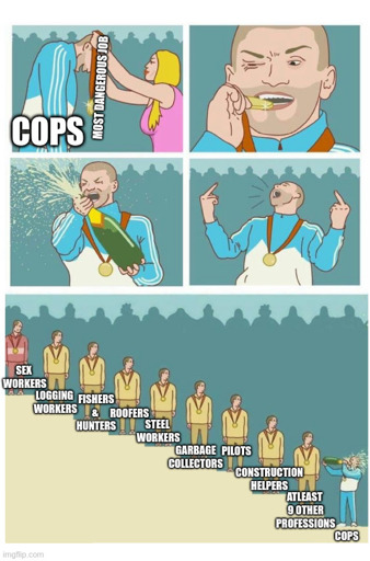 "Last Place Douche Bag" making fun of cops that claim to have the most dangerous job when there are many jobs that are way more dangerous.